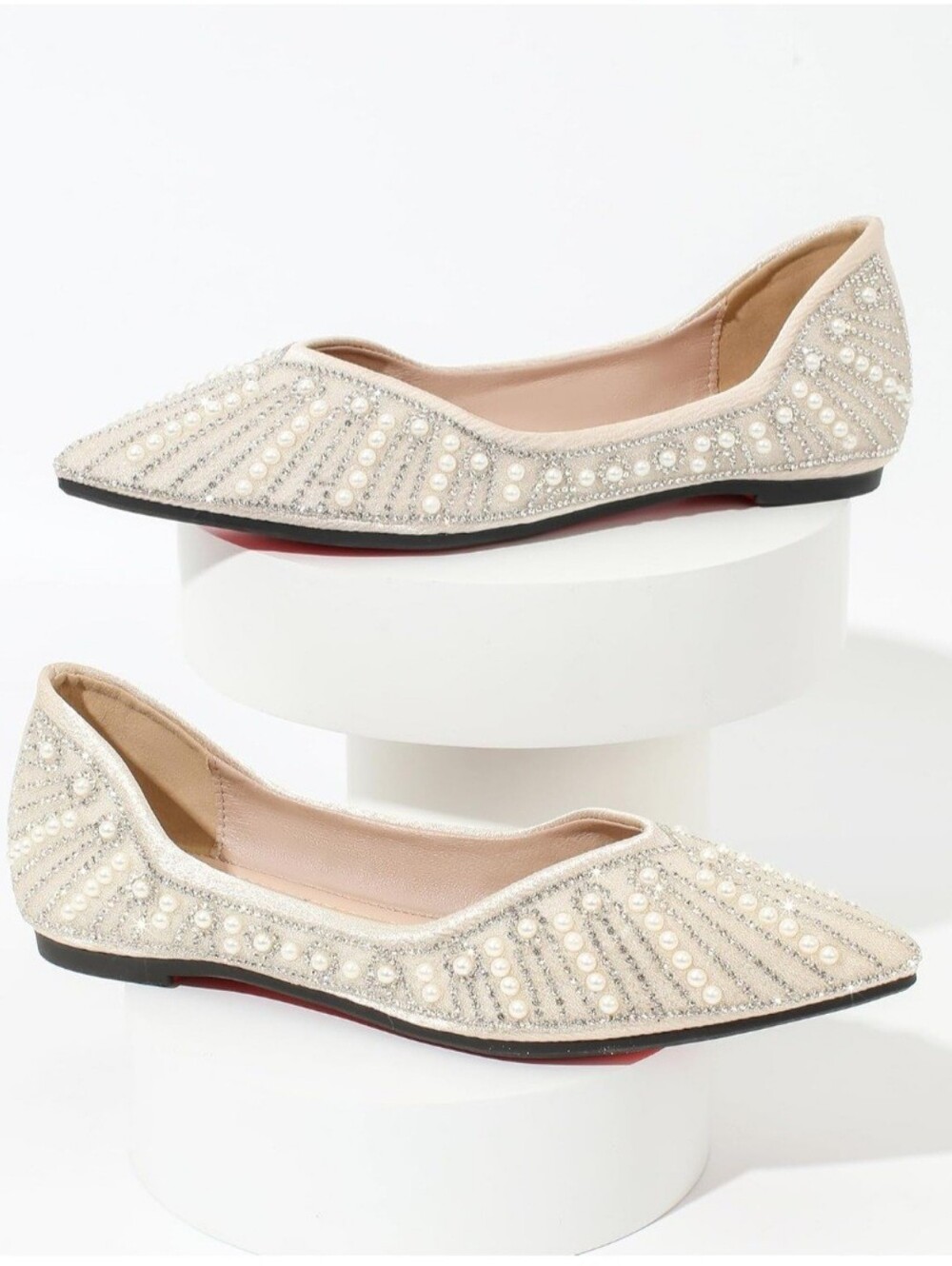 Embellished Rhinestone Pearl Pointed Toe Women’s Flats- Cream - Picture 5 of 8